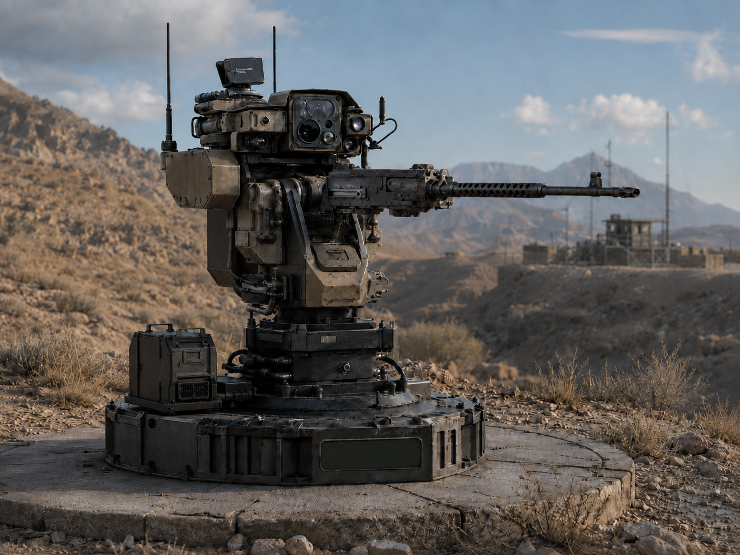 SentriView SV-1 autonomous sentry system on a fixed pedestal mount — M240B weapon station with multi-sensor EO/IR mast, RF antennas, and ammunition magazine, deployed at a desert test range